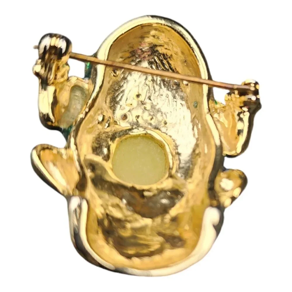 Vintage Frog Brooch Enamel Faux Pearl Crystals Green Gold Red Beads Frog Pin 🐸
